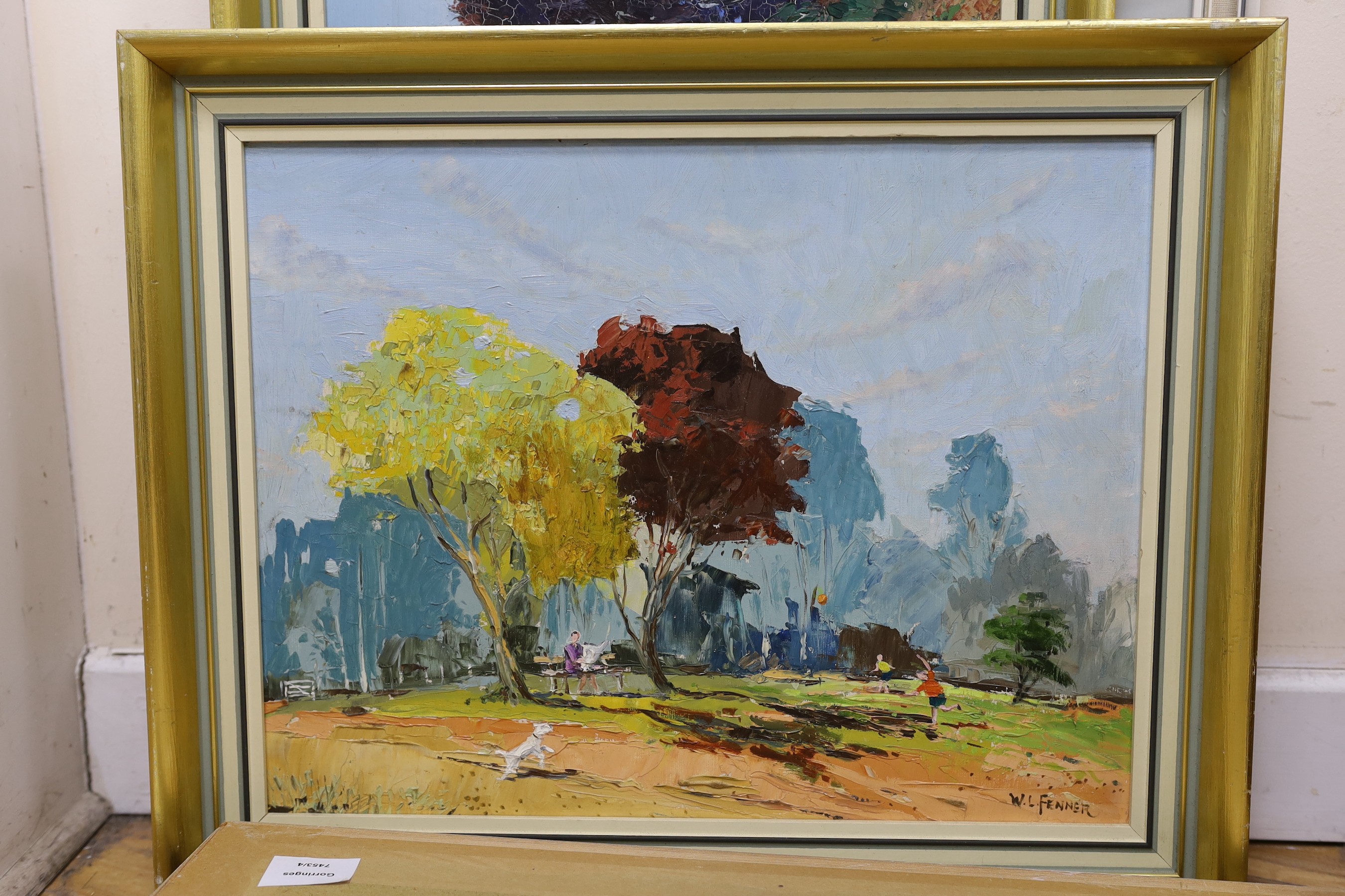 Walter Leslie Fenner (1927-2007), five oils and a watercolour, Coastal view and assorted landscapes, signed, largest 38 x 49cm